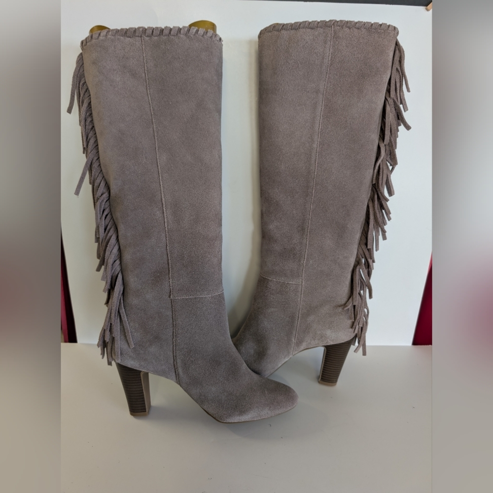 Boots Suede Knee-High With Fringe Pull On - Gray Size 7